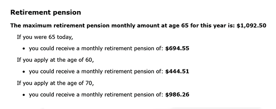 Screen shot of Estimated Monthly CPP Benefits page
